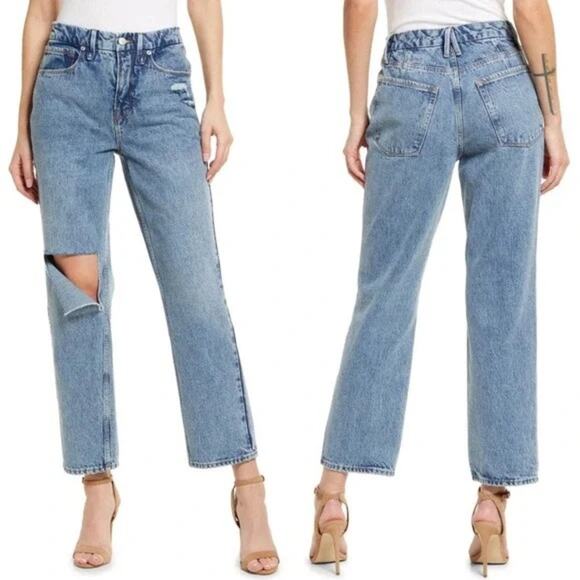 Good American 90’s Duster Blue 950 Straight Leg Distressed High Rise Jeans 14/32 - Picture 1 of 8